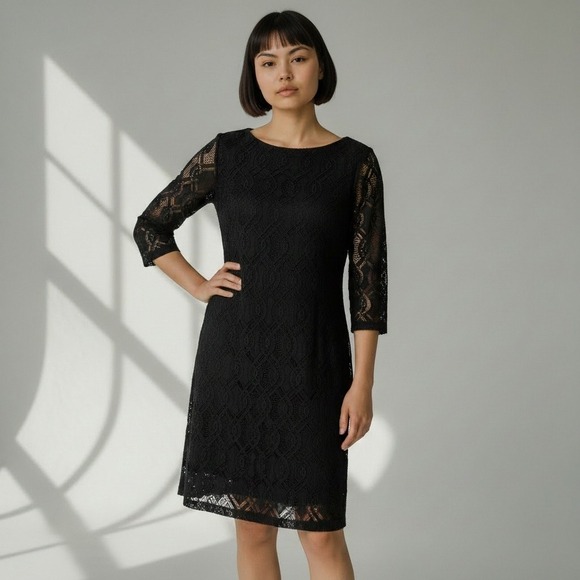Fuzzi Black XS Lace Sheath Dress Made in Italy 3/4 Sleeve Midi Quiet Luxury